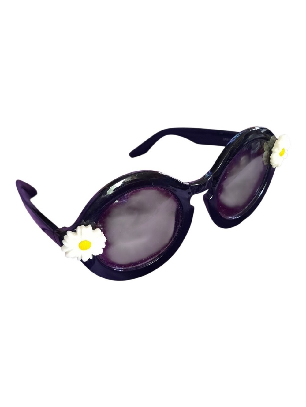 Retro Mod Chunky Round Black Plastic Frame With Daisy Flower Details Sunglasses